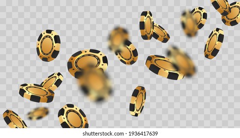 Falling golden with black poker chips, tokens on transparent background. Vector illustration for casino, game design, flyer, poster, banner, web, advertising.