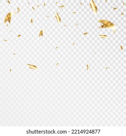 Confeti dorado y brillante que cae aislado en un fondo transparente. Brillante tinte festivo de color dorado.