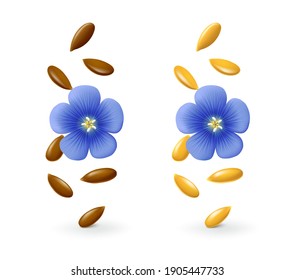 Falling golden and brown flax seeds with blue flower in the air. Isolated on white background. Realistic vector illustration.