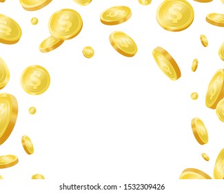 Falling golden coins background realistic vector illustration.Metal cash border with copyspace. Shiny yellow pieces of money on white backdrop. Finance system, wealth and prosperity symbols