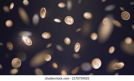 Falling golden coins with blur effect on dark background