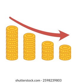 falling golden coins chart with red downward arrow, Financial loss and failure concept