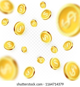 Falling golden coins isolated on transparent background. Shiny metal dollar rain. Casino jackpot win. Vector illustration 