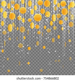 Falling golden coins light beam lens flare effect rain. Isolated falling coins, blindening light beams with sparkles. Money earn design illustration.