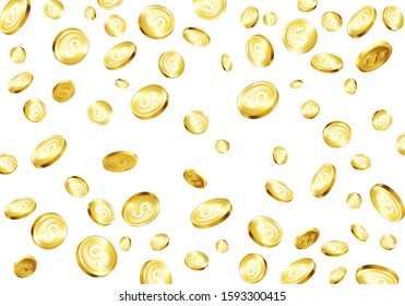 Falling golden coins. Money rain. Big win in casino or Jackpot background. Success in business and finances. Shiny metal coins. Vector illustration