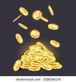 Falling golden coins on money pile or heap. Metal glowing dollar currency or glowing, shining cash. Economy and banking, earnings and investment, fortune and savings, monetary and coinage theme