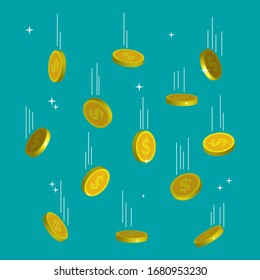 Falling golden coins. Shiny golden coins. Dollar gold cents on blue background. Money rain from sky. Finance, cash, treasure concept. Bitcoin currency symbol. Investment in a business project. Vector.