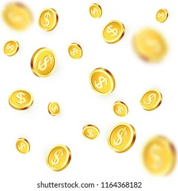 Falling golden coins. Shiny metal dollar rain. Casino jackpot win. Vector illustration isolated on white background