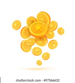 Las monedas de oro cayendo con las estrellas. Icono del juego del Casino de Caricaturas. Concepto de Dinero de Juego. Medallas de oro para los juegos. Icono de premio. 