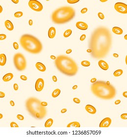 Falling golden coins vector seamless pattern. Gold money chips of euro fall down on white background illustration.