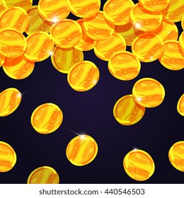 Falling golden coins. Vector seamless border. Wealth coins rain, illustration of financial coin