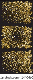 Falling golden color circles. Vector illustration layout. Unusual element of design. Gold festive, luxury, bright, chaotic confetti backgrounds set on black.