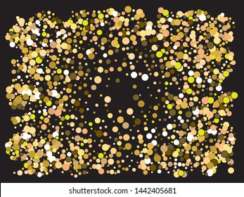 Falling golden color circles. Vector illustration poster. Geometric element of your design. Gold festive luxury bright chaotic confetti background on black.