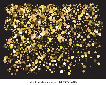 Falling golden color circles. Vector illustration layout. Fresh element of your design. Gold festive luxury bright chaotic confetti background on black.