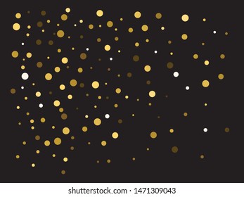 Falling golden color circles. Vector illustration backdrop. Magic element of your design. Gold festive luxury bright chaotic confetti background on black.