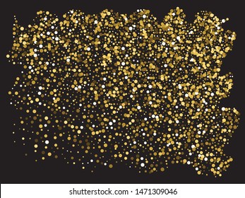 Falling golden color circles. Vector illustration poster. Fashionable element of your design. Gold festive luxury bright chaotic confetti background on black.