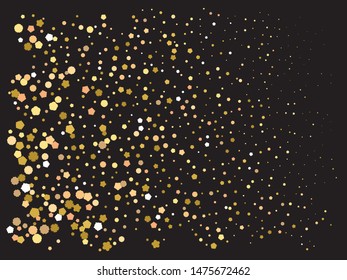 Falling golden color crackers. Decorative element of your design. Vector illustration surprise. Gold festive luxury bright chaotic confetti background on black.