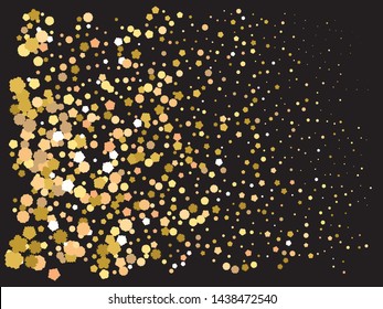 Falling golden color crackers. Magic element of your design. Vector illustration layout. Gold festive luxury bright chaotic confetti background on black.