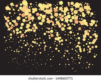 Falling golden color crackers. Magic element of your design. Vector illustration theme. Gold festive luxury bright chaotic confetti background on black.