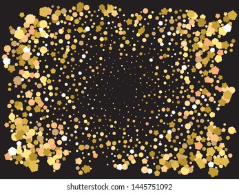 Falling golden color crackers. Unusual element of your design. Vector illustration art. Gold festive luxury bright chaotic confetti background on black.