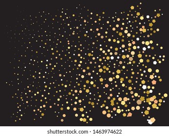 Falling golden color crackers. Unusual element of your design. Vector illustration flyer. Gold festive luxury bright chaotic confetti background on black.