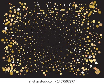 Falling golden color crackers. Vector illustration effect. Stylish element of your design. Gold festive luxury bright chaotic confetti background on black.