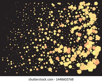 Falling golden color crackers. Vector illustration concept. Vibrant element of your design. Gold festive luxury bright chaotic confetti background on black.