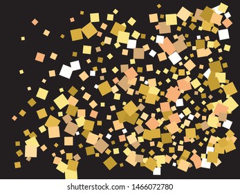 Falling golden color squares. Fresh element for your design. Vector illustration poster. Gold festive, luxury, bright, chaotic confetti background on black.