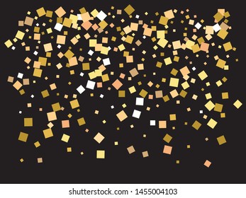 Falling golden color squares. Vector illustration vintage. Fashionable element for your design. Gold festive, luxury, bright, chaotic confetti background on black.