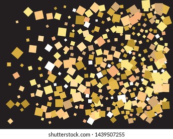 Falling golden color squares. Vibrant element for your design. Vector illustration flyer. Gold festive, luxury, bright, chaotic confetti background on black.