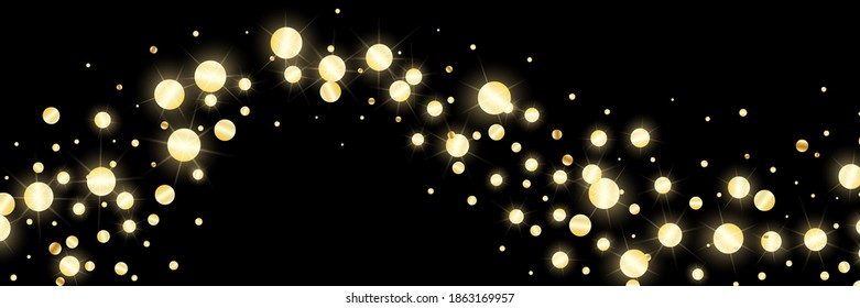 Falling golden confetti flying. Festive background, design cards, invitations. Abstract texture on a black background. Design element. Vector illustration, eps 10.