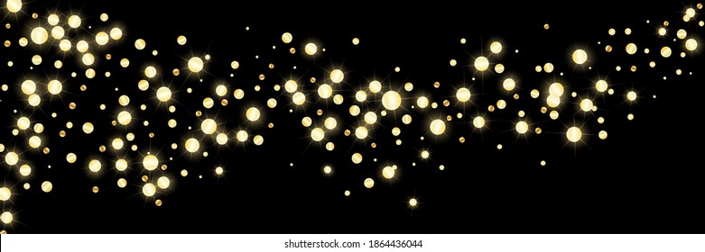 Falling golden confetti flying. Festive background, design cards, invitations. Abstract texture on a black background. Design element. Vector illustration, eps 10.