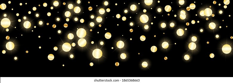 Falling golden confetti flying. Festive background, design cards, invitations. Abstract texture on a black background. Design element. Vector illustration, eps 10.