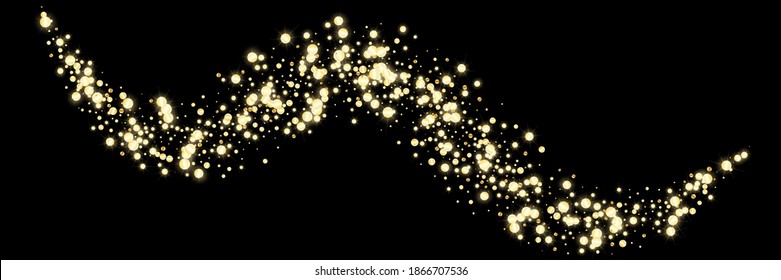 Falling golden confetti flying. Festive background, design cards, invitations. Abstract texture on a black background. Design element. Vector illustration, eps 10.