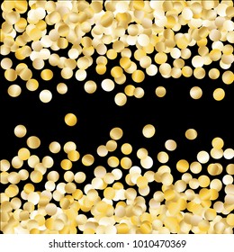 Falling Golden Confetti Isolated on Black Background. Light Festive Pattern with Glitter for Christmas and New Year Decoration, Birthday Invitation, Poster or Greeting Card. Vector Gold Confetti.