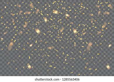 Falling golden confetti isolated on transparent background. Vector festive background