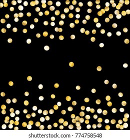 Falling Golden Confetti Isolated on Black Background. Dark Festive Pattern with Sparkles for Christmas and New Year Decoration, Birthday Invitation, Poster or Greeting Card. Vector Gold Confetti.