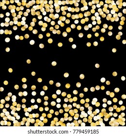 Falling Golden Confetti Isolated on Black Background. Dark Festive Pattern with Tinsels for Christmas and New Year Decoration, Birthday Invitation, Poster or Greeting Card. Vector Gold Confetti.