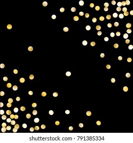 Falling Golden Confetti Isolated on Black Background. Light Festive Pattern with Glitter for Christmas and New Year Decoration, Birthday Invitation, Poster or Greeting Card. Vector Gold Confetti.