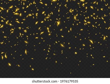 Falling golden confetti, shiny tinsel, and pieces of serpentine, abstract party background.