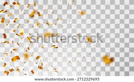 Falling golden confetti and streamers with motion blur effect. Festive celebration background for party, event, holiday greeting card, invitation, or announcement. Vector illustration
