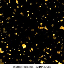 Falling golden cut out foil ribbon exploding confetti on black background. Design element. Vector illustration.