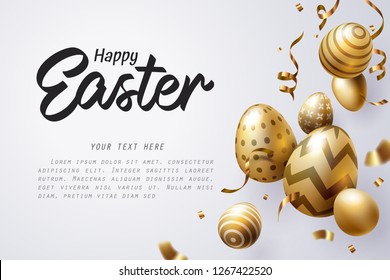 Falling Golden Easter egg and Happy Easter text celebrate, vector art and illustration.