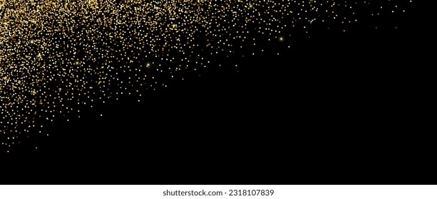 Falling golden glitter background. Small sparkling confetti wallpaper. Splashed gold dots texture. Design element for posters, Christmas birthday decoration. Vector