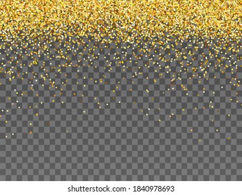 Confeti dorado que cae aislado en un fondo transparente. Deslumbrante, marco festivo. Ideal para invitaciones de boda, afiches de fiesta, Navidad y Año Nuevo y tarjetas de cumpleaños.