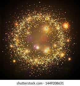 Falling golden particles in circle form on dark background. Lights Shine effect for your design. Falling particles for greeting card, invitation. Golden frame. Vector illustration.