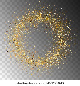 Falling golden particles in circle form on transparent background. Lights Shine effect for your design. Falling particles for greeting card, invitation. Golden frame. Vector illustration.