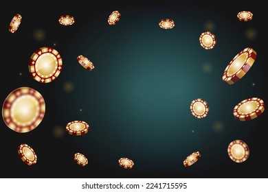 Falling golden poker chips on dark background with lights, sparkles and bokeh. Vector illustration for casino, game design, flyer, poster, banner, web, advertising.