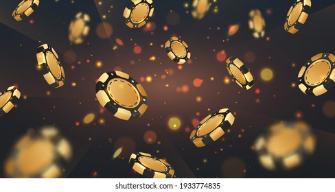 Falling golden poker chips, tokens on black background with gold lights, sparkles and bokeh. Vector illustration for casino, game design, flyer, poster, banner, web, advertising.