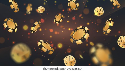 Falling golden poker chips, tokens, dices on black background with gold lights, sparkles and bokeh. Vector illustration for casino, game design, flyer, poster, banner, web, advertising.